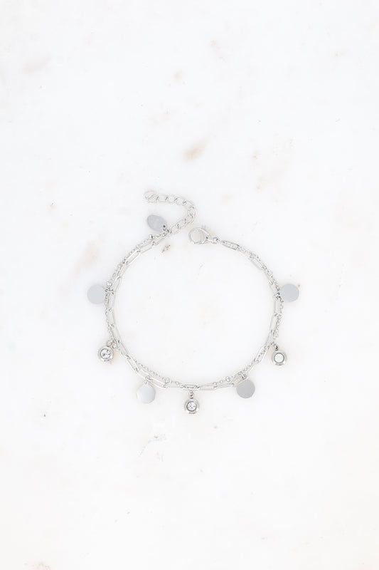 Bracelet - 2 rangs, chaînes avec cristaux et pampilles rondes plates