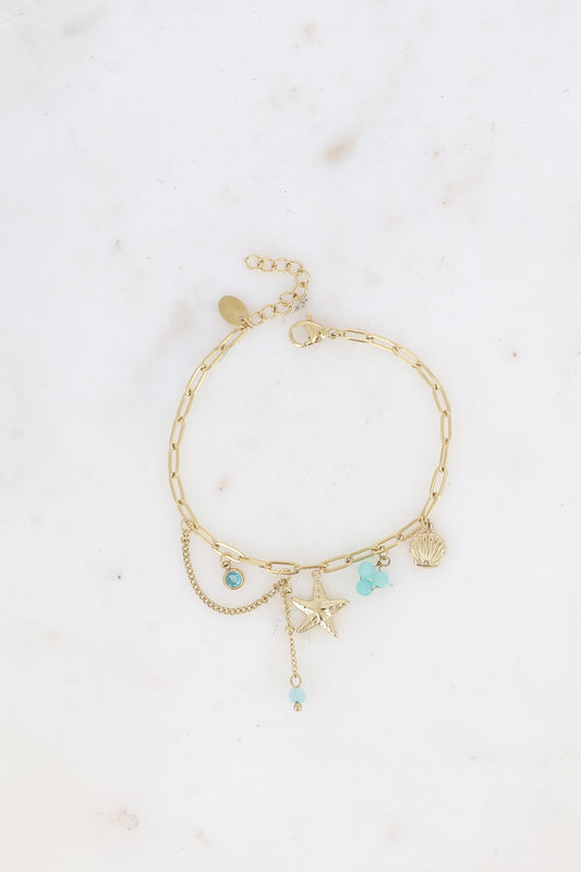 Bracelet en acier - pierres naturelles, coquillage, cristaux et étoile de mer