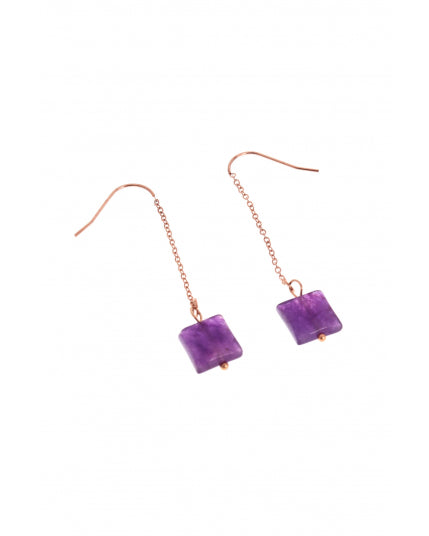 boucle d'oreille crochets chaine carré or rose violet